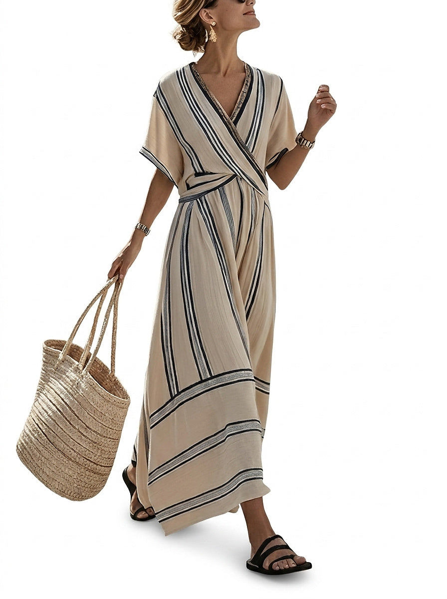 Randig maxiklänning med V-ringning för dam-Maxi Dress-Fjallbarn