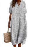 Randig midiklänning med V-ringning för dam-Midi Dress-Fjallbarn