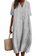 Randig midiklänning med V-ringning för dam-Midi Dress-Fjallbarn