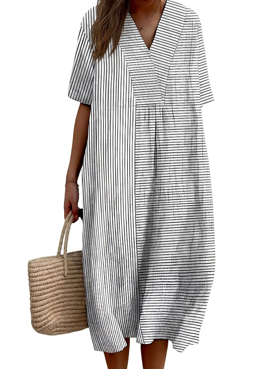 Randig midiklänning med V-ringning för dam-Midi Dress-Fjallbarn