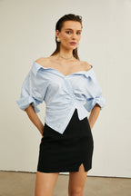 Randig off-shoulder-blus med kedjeaxlar för dam-Blouses for women-Fjallbarn