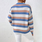 Randig stickad tröja med rund hals för dam-Sweaters for Women-Fjallbarn