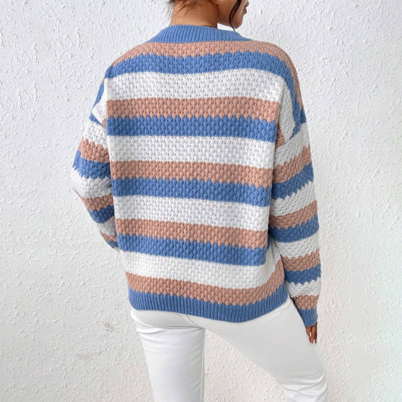 Randig stickad tröja med rund hals för dam-Sweaters for Women-Fjallbarn