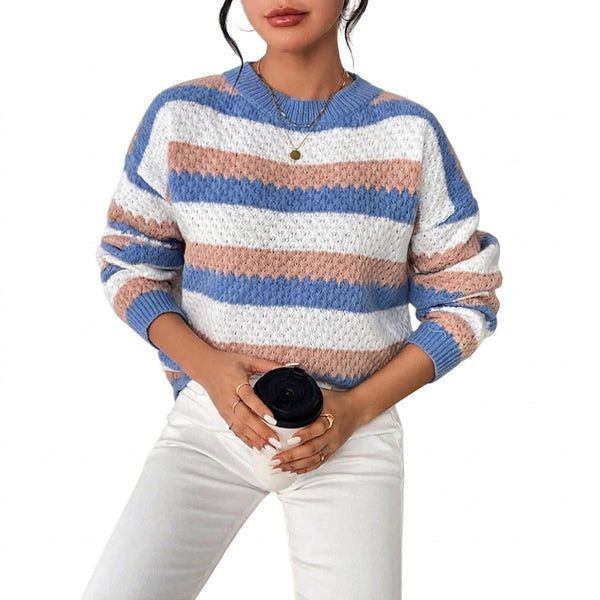 Randig stickad tröja med rund hals för dam-Sweaters for Women-Fjallbarn