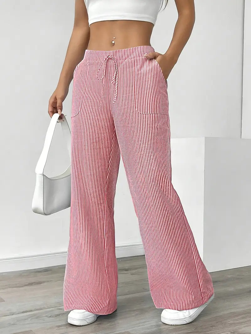 Randiga byxor med vida ben och dragsko för dam-Pants for Women-Fjallbarn