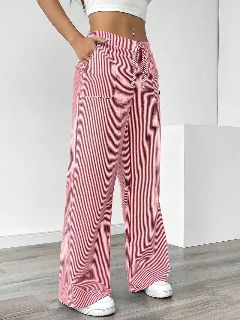 Randiga byxor med vida ben och dragsko för dam-Pants for Women-Fjallbarn