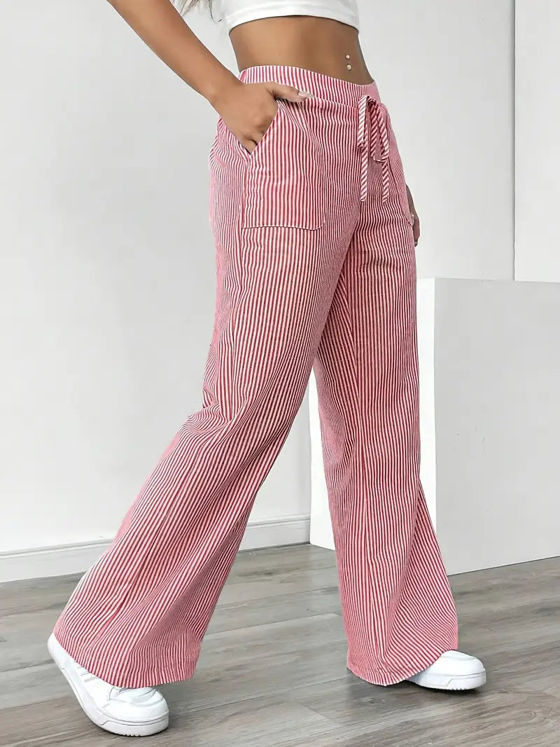 Randiga byxor med vida ben och dragsko för dam-Pants for Women-Fjallbarn