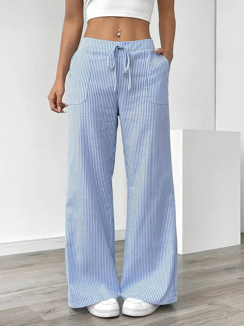 Randiga byxor med vida ben och dragsko för dam-Pants for Women-Fjallbarn