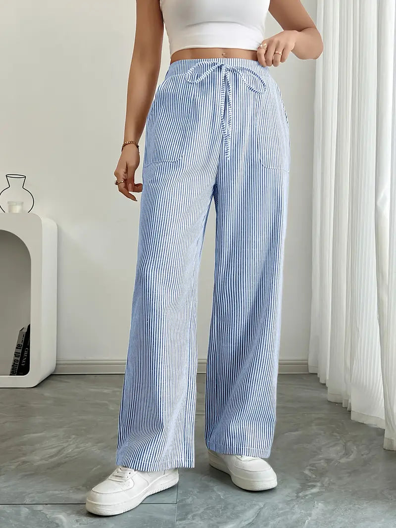 Randiga byxor med vida ben och dragsko för dam-Pants for Women-Fjallbarn