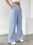 Randiga byxor med vida ben och dragsko för dam-Pants for Women-Fjallbarn