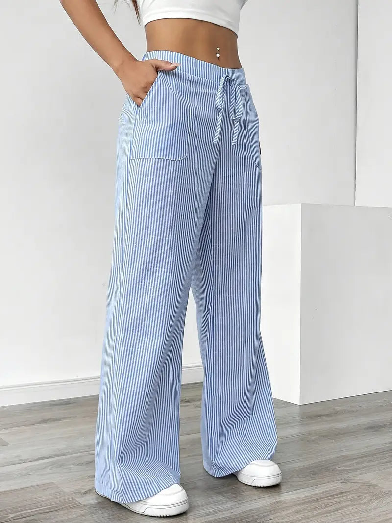 Randiga byxor med vida ben och dragsko för dam-Pants for Women-Fjallbarn