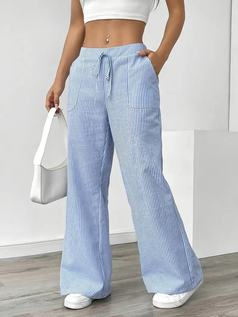 Randiga byxor med vida ben och dragsko för dam-Pants for Women-Fjallbarn