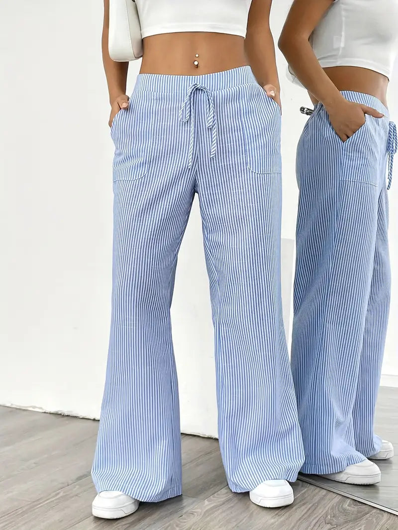 Randiga byxor med vida ben och dragsko för dam-Pants for Women-Fjallbarn
