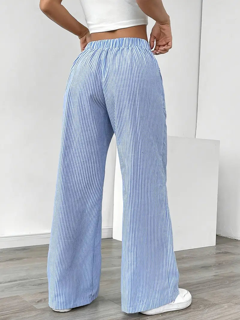 Randiga byxor med vida ben och dragsko för dam-Pants for Women-Fjallbarn