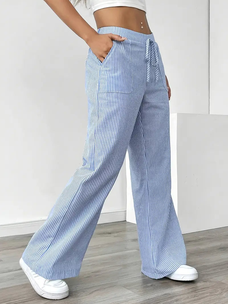 Randiga byxor med vida ben och dragsko för dam-Pants for Women-Fjallbarn