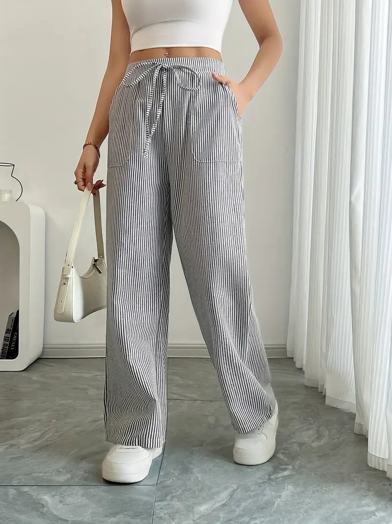 Randiga byxor med vida ben och dragsko för dam-Pants for Women-Fjallbarn