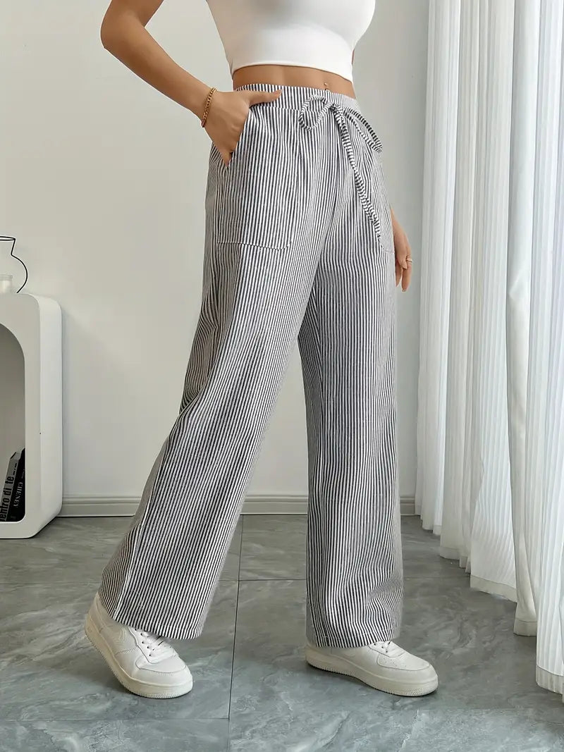 Randiga byxor med vida ben och dragsko för dam-Pants for Women-Fjallbarn