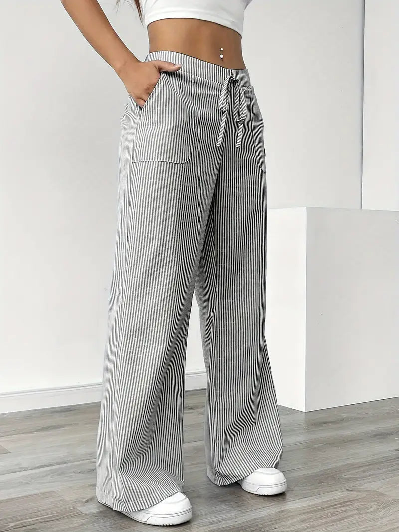 Randiga byxor med vida ben och dragsko för dam-Pants for Women-Fjallbarn