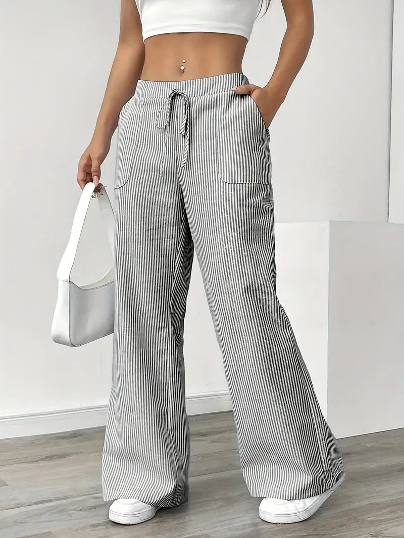 Randiga byxor med vida ben och dragsko för dam-Pants for Women-Fjallbarn