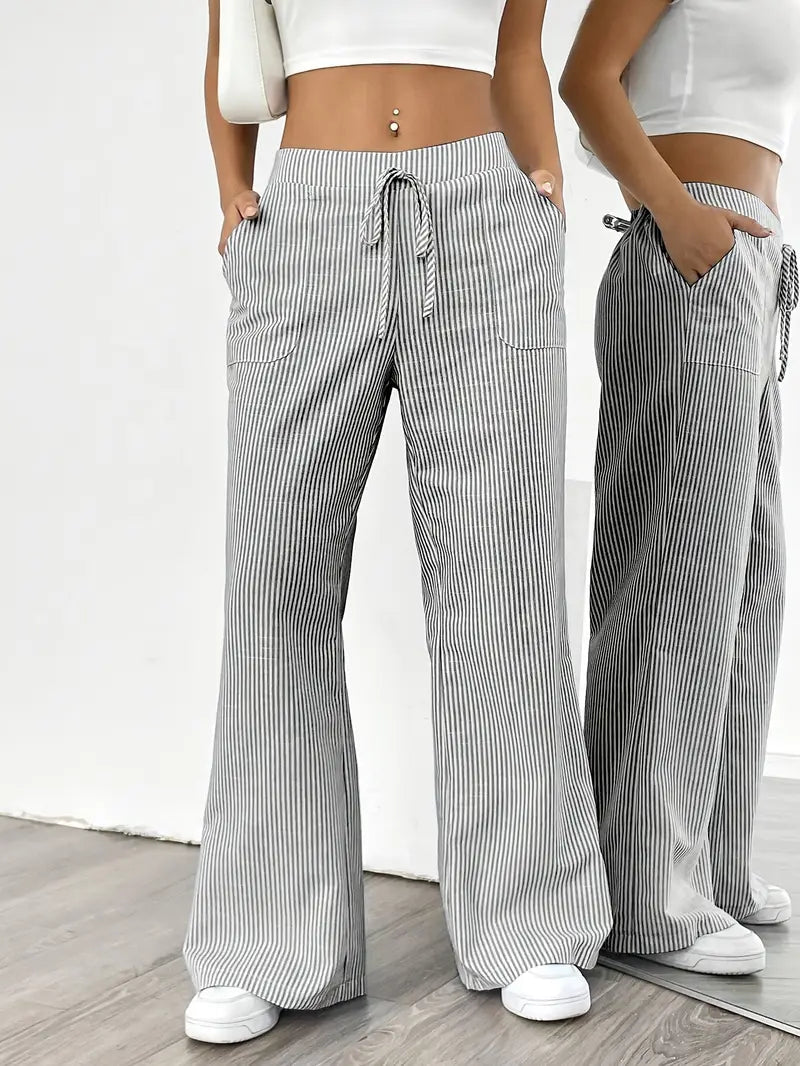 Randiga byxor med vida ben och dragsko för dam-Pants for Women-Fjallbarn