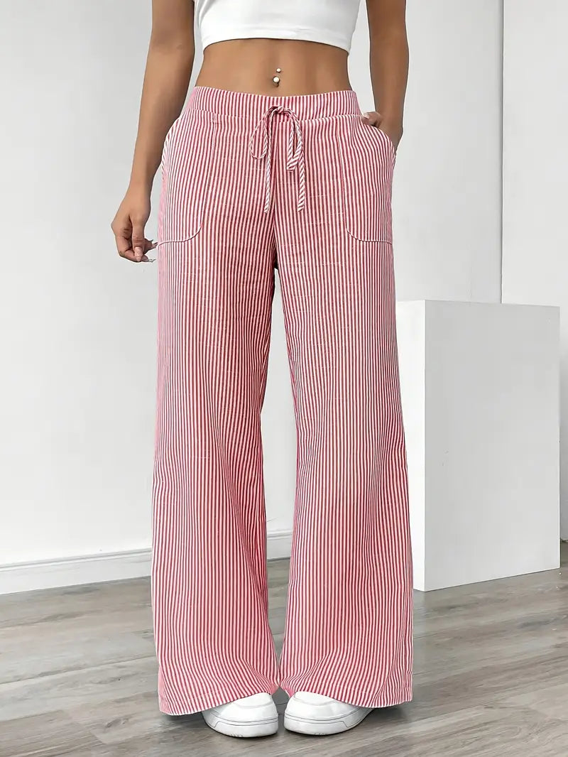 Randiga byxor med vida ben och dragsko för dam-Pants for Women-Fjallbarn