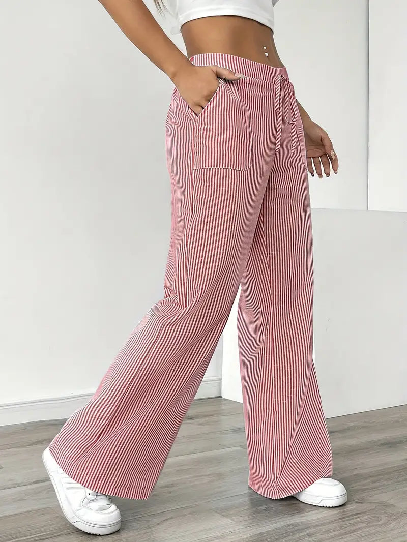 Randiga byxor med vida ben och dragsko för dam-Pants for Women-Fjallbarn