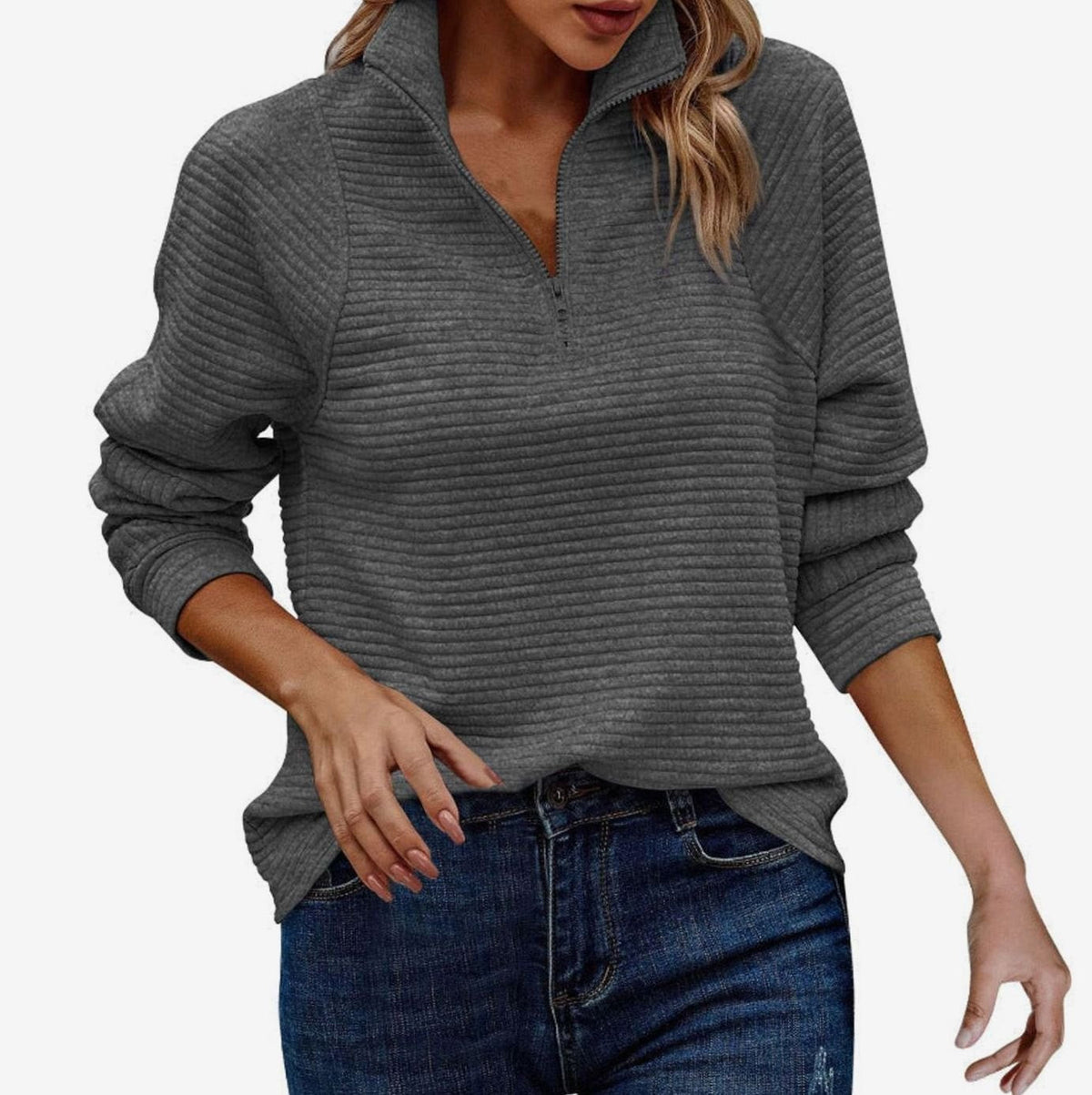 Ribbad tröja med dragkedja för dam-Sweaters for Women-Fjallbarn