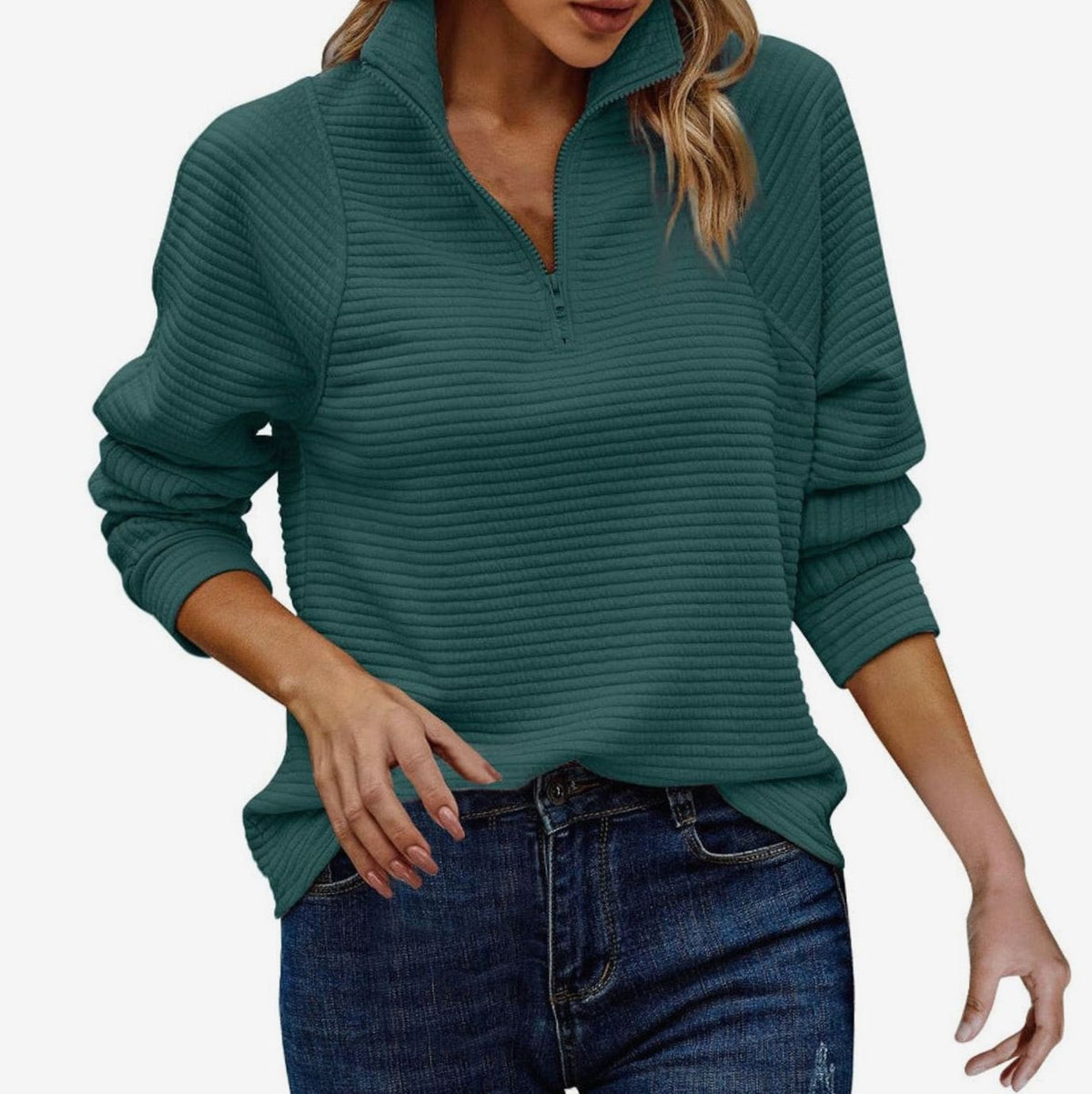 Ribbad tröja med dragkedja för dam-Sweaters for Women-Fjallbarn