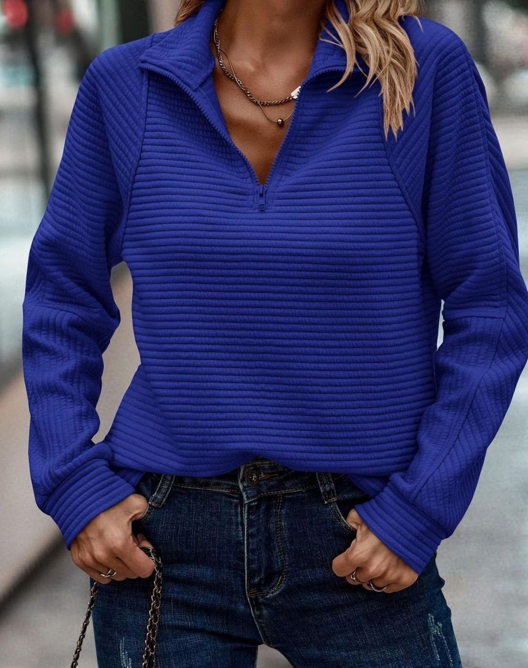 Ribbad tröja med dragkedja för dam-Sweaters for Women-Fjallbarn