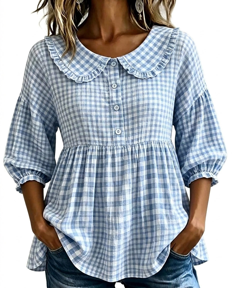 Rutig blus med Peter Pan-krage för dam-Blouses for women-Fjallbarn
