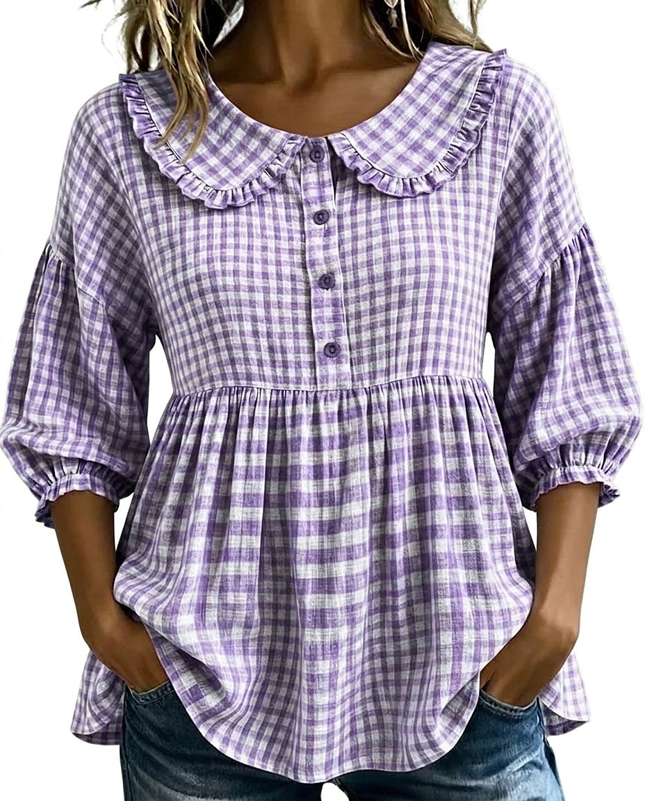 Rutig blus med Peter Pan-krage för dam-Blouses for women-Fjallbarn