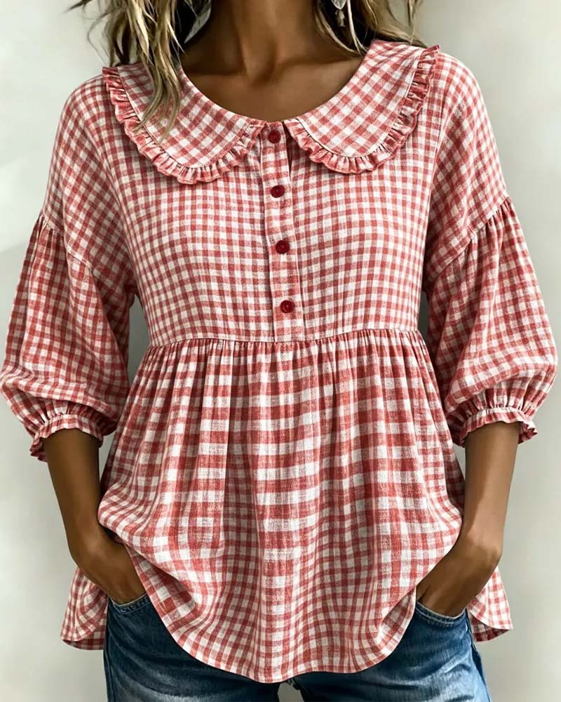 Rutig blus med Peter Pan-krage för dam-Blouses for women-Fjallbarn