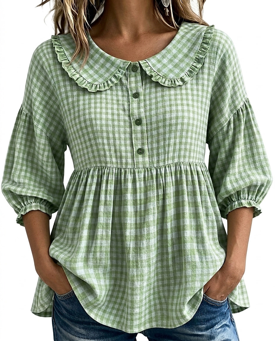 Rutig blus med Peter Pan-krage för dam-Blouses for women-Fjallbarn