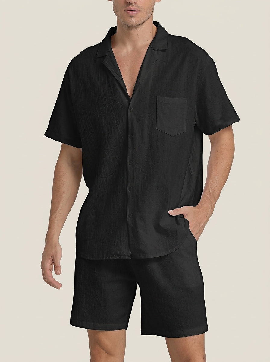 Set med texturerad vävd skjorta och shorts för herr-Men's Sets-Fjallbarn
