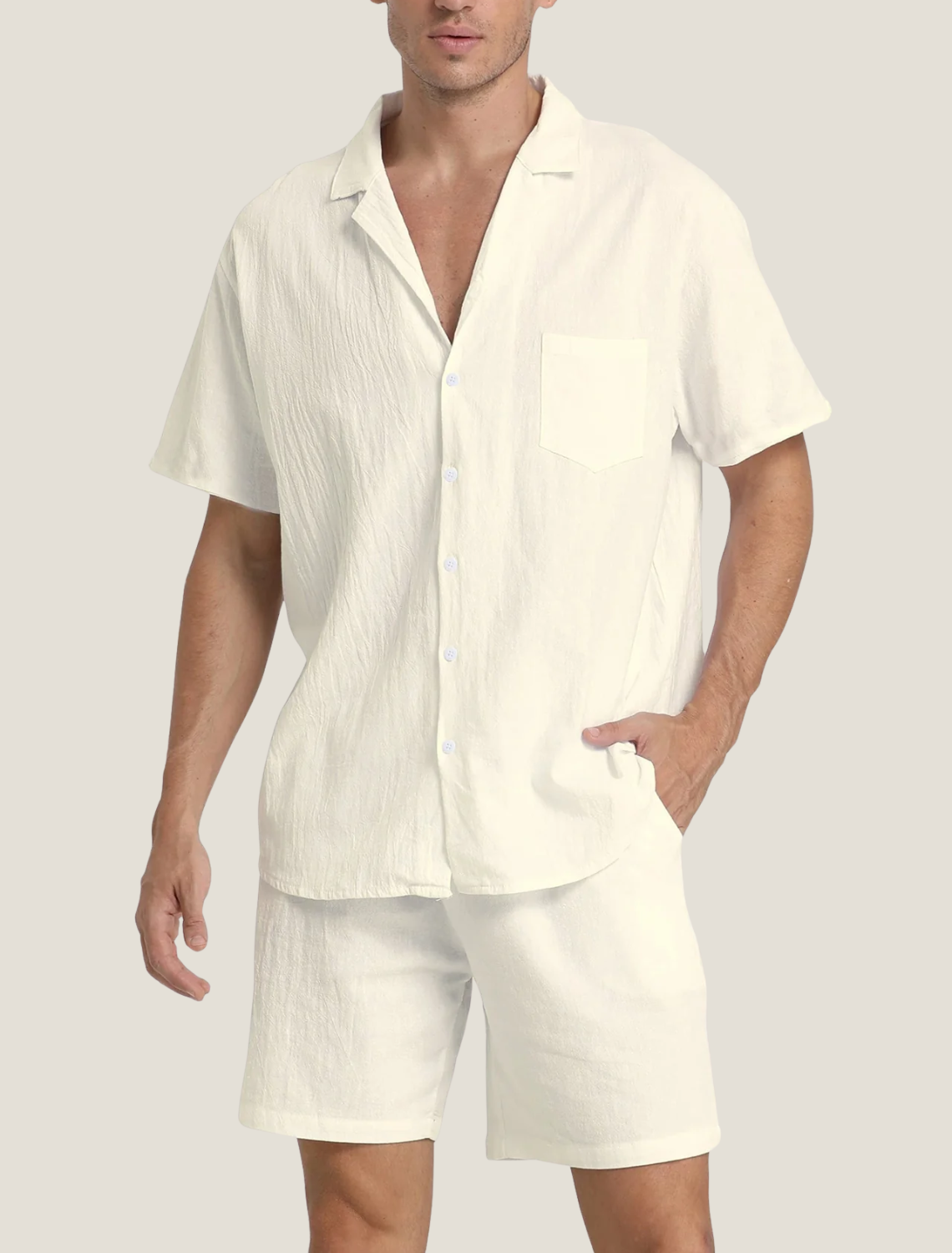 Set med texturerad vävd skjorta och shorts för herr-Men's Sets-Fjallbarn