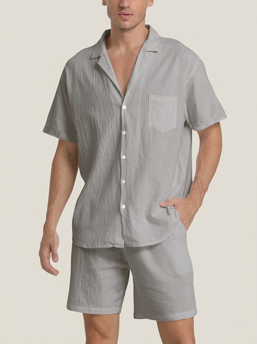 Set med texturerad vävd skjorta och shorts för herr-Men's Sets-Fjallbarn