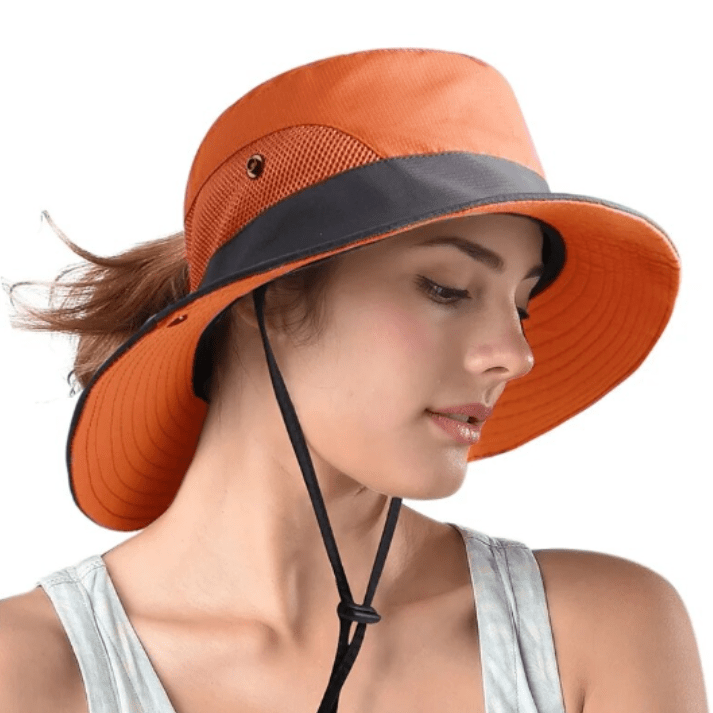 Solhatt för damer med brett brätte och öppning för hästsvans-Accessories for Women-Fjallbarn