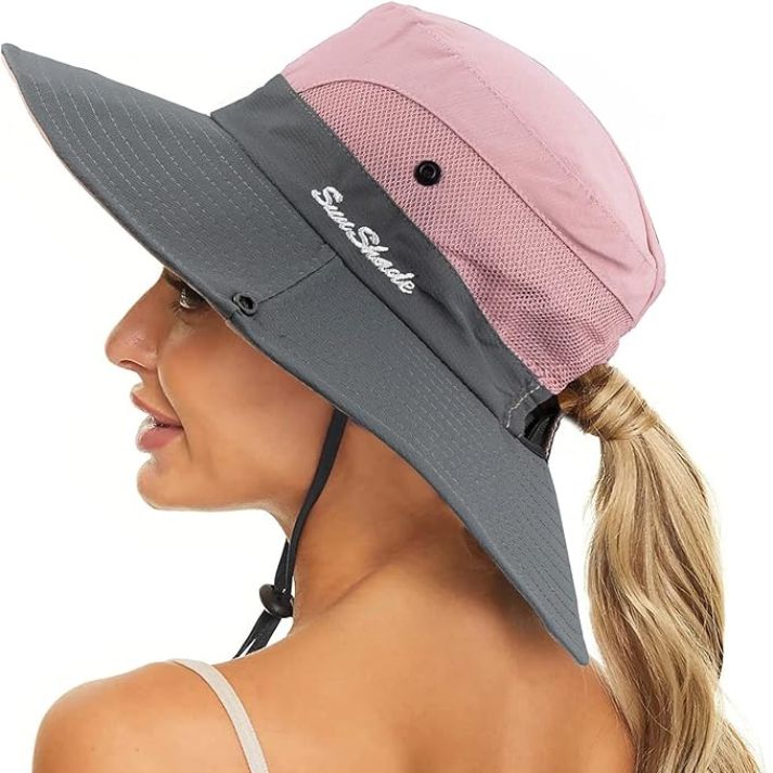Solhatt för damer med brett brätte och öppning för hästsvans-Accessories for Women-Fjallbarn