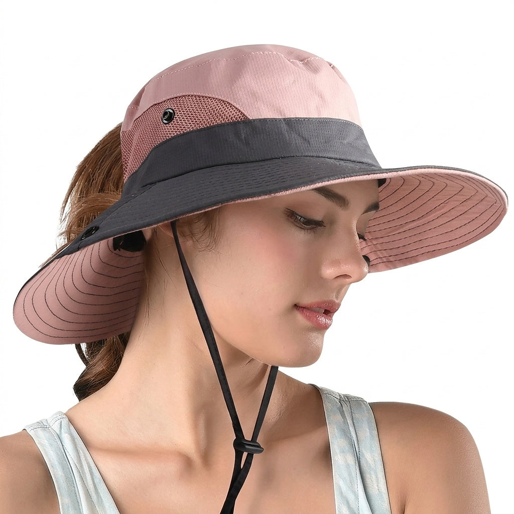 Solhatt för damer med brett brätte och öppning för hästsvans-Accessories for Women-Fjallbarn
