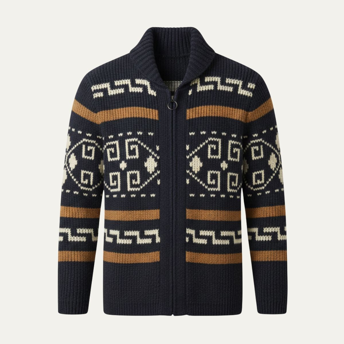 Stickad kofta med geometriskt mönster, dragkedja och sjalkrage för herrar-Cardigan for men-Fjallbarn