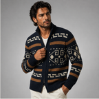 Stickad kofta med geometriskt mönster, dragkedja och sjalkrage för herrar-Cardigan for men-Fjallbarn