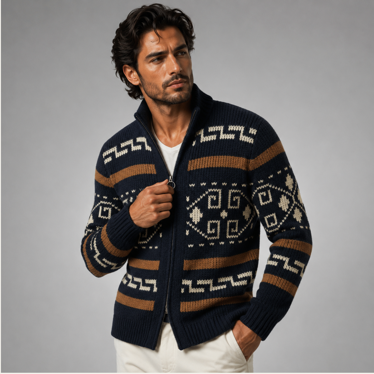 Stickad kofta med geometriskt mönster, dragkedja och sjalkrage för herrar-Cardigan for men-Fjallbarn