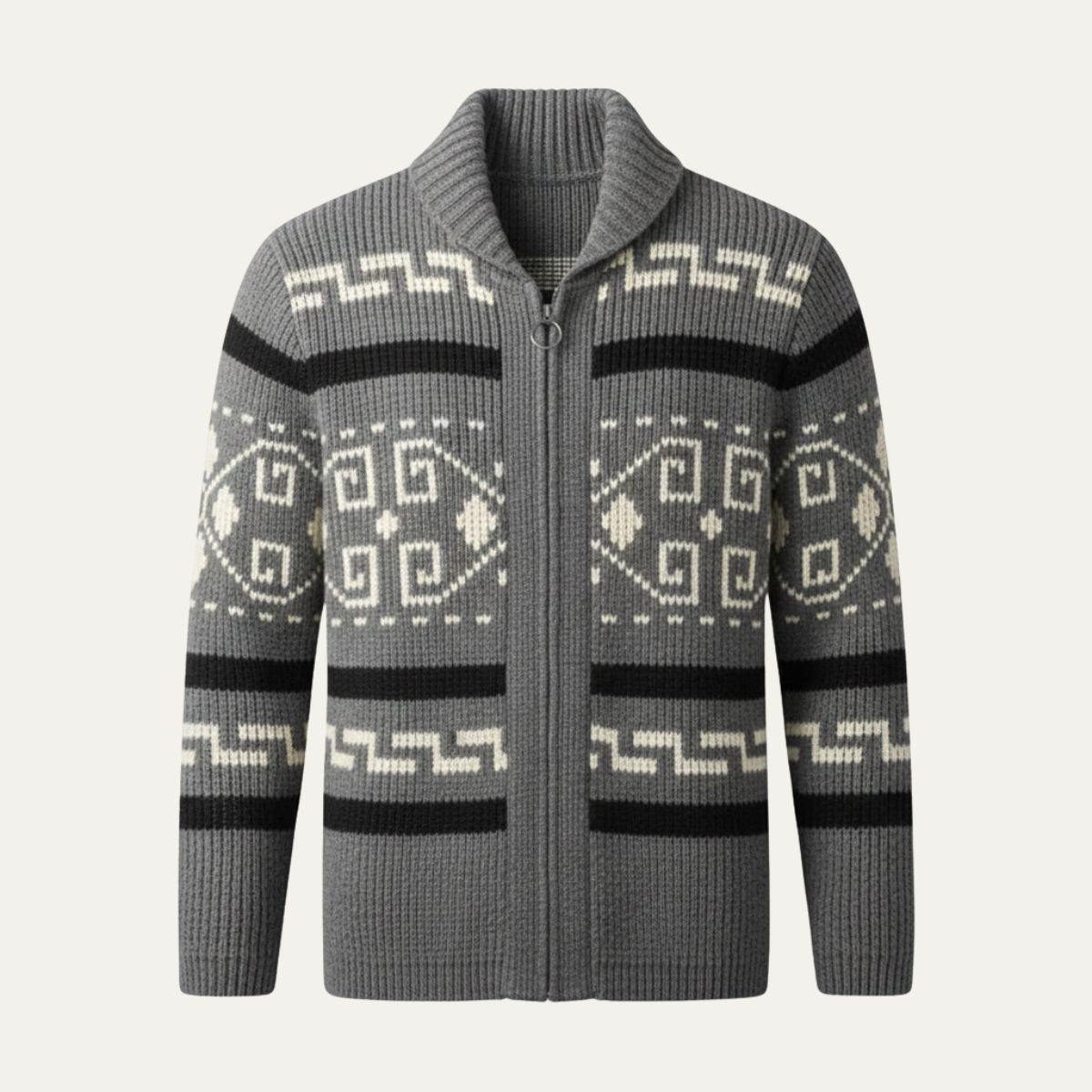 Stickad kofta med geometriskt mönster, dragkedja och sjalkrage för herrar-Cardigan for men-Fjallbarn