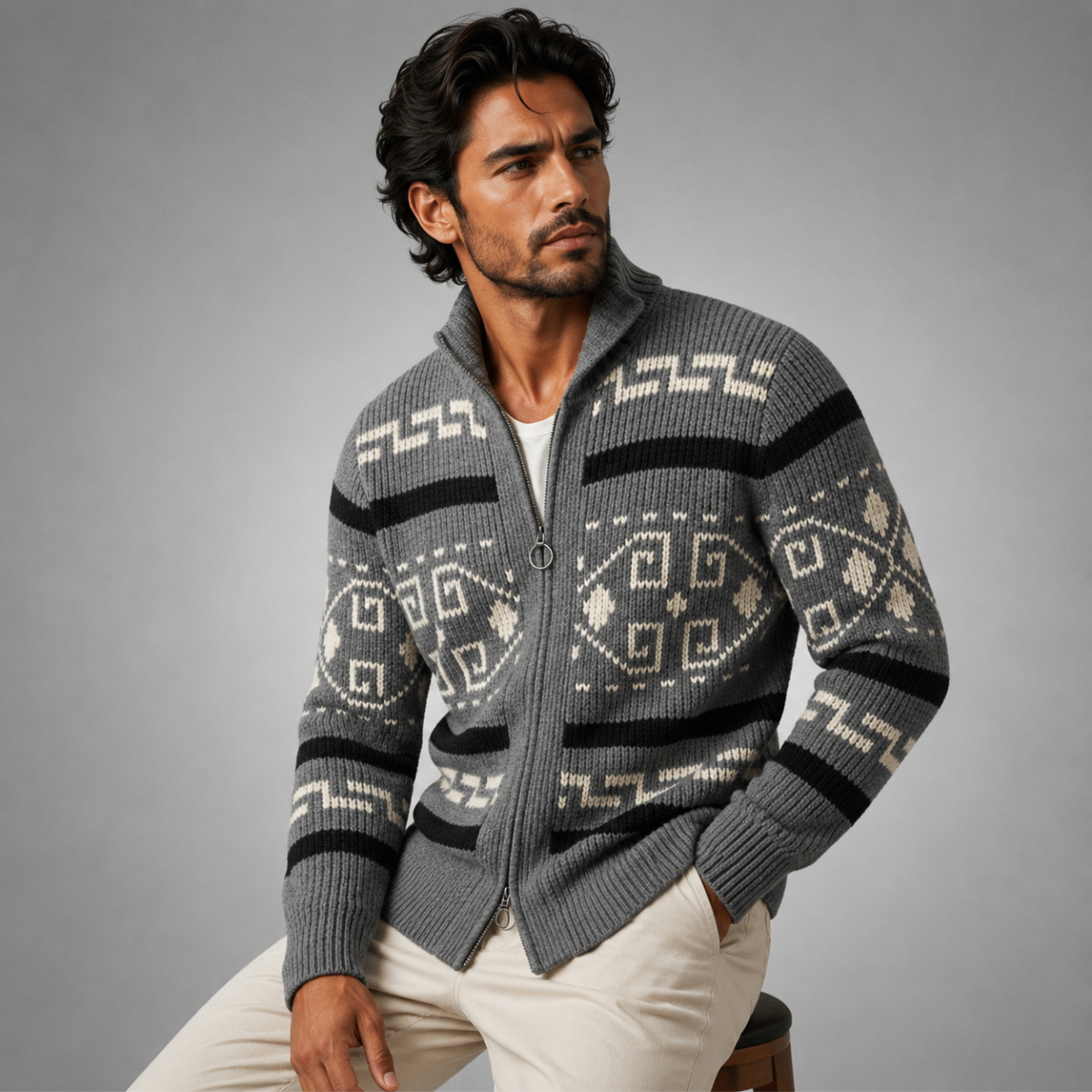 Stickad kofta med geometriskt mönster, dragkedja och sjalkrage för herrar-Cardigan for men-Fjallbarn
