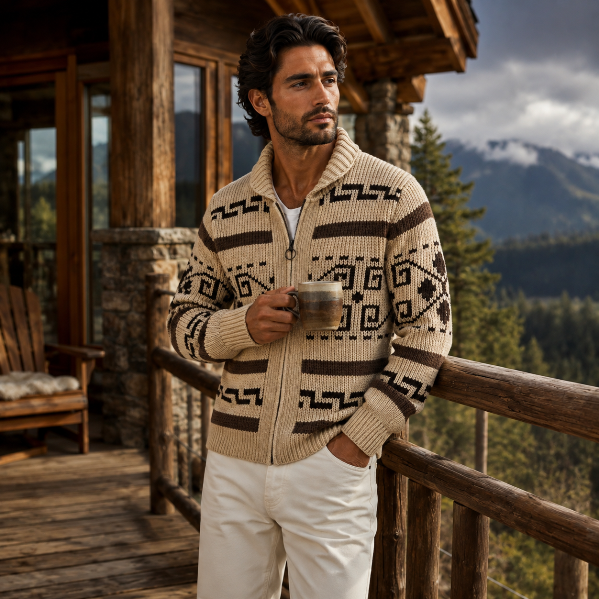 Stickad kofta med geometriskt mönster, dragkedja och sjalkrage för herrar-Cardigan for men-Fjallbarn