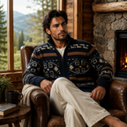 Stickad kofta med geometriskt mönster, dragkedja och sjalkrage för herrar-Cardigan for men-Fjallbarn