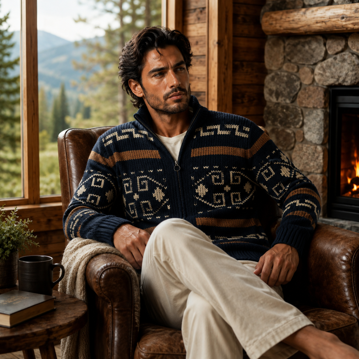 Stickad kofta med geometriskt mönster, dragkedja och sjalkrage för herrar-Cardigan for men-Fjallbarn