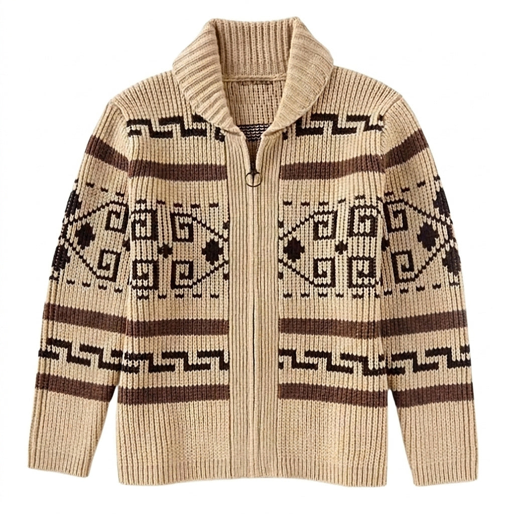 Stickad kofta med geometriskt mönster, dragkedja och sjalkrage för herrar-Cardigan for men-Fjallbarn