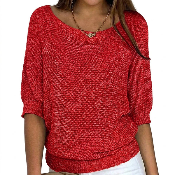 Stickad tröja för dam med ärmar i armbågslängd-Sweaters for Women-Fjallbarn