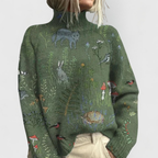 Stickad tröja med blommönster och mock neck för dam-Sweaters for Women-Fjallbarn